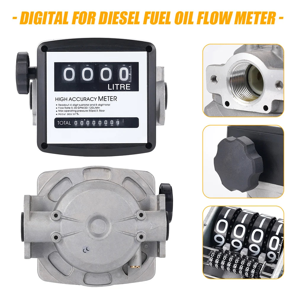 FM-120 4 Digital Fuel Oil Flow Meter 20-120L/Min Diesel Petrol Flow Counter High Accuracy Digital Liquid Flow Measuring Tool