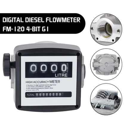 FM-120 4 Digital Fuel Oil Flow Meter 20-120L/Min Diesel Petrol Flow Counter High Accuracy Digital Liquid Flow Measuring Tool
